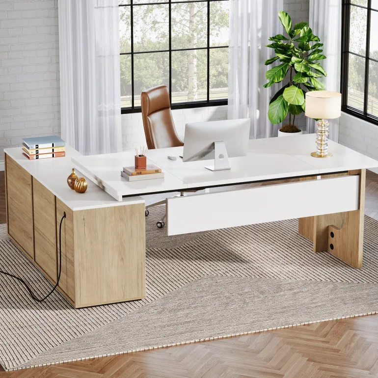 Store Tribesigns 74" Executive Desk, L - Shaped Computer Desk Office Desk With Cabinet