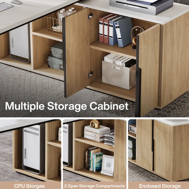 Store Tribesigns 74" Executive Desk, L - Shaped Computer Desk Office Desk With Cabinet