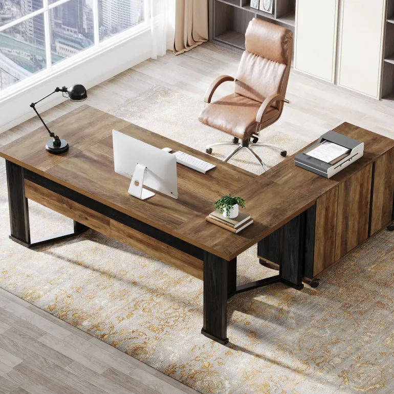 Sale Tribesigns 70.8" Executive Desk, L - Shaped Home Office Desk with File Cabinet