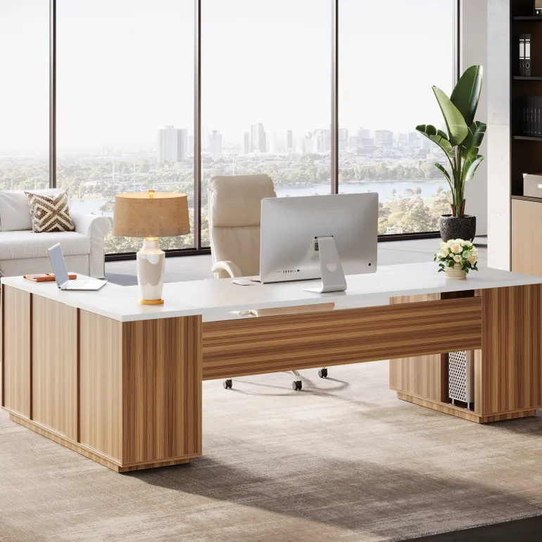 Shop Tribesigns 85.8" Executive Desk, L - Shaped Office Desk Computer Desk with File Drawers