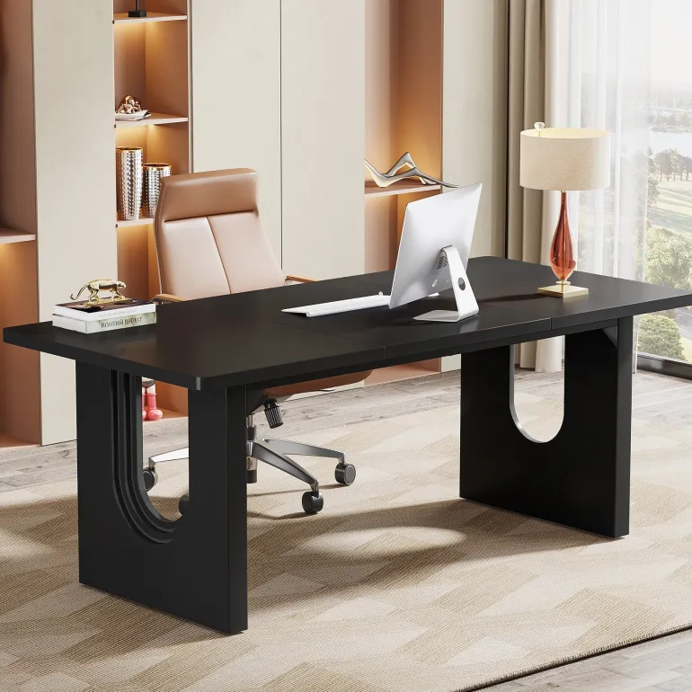 Discount Tribesigns 71" Executive Desk, Modern Computer Desk with Wood Double Pedestal Base