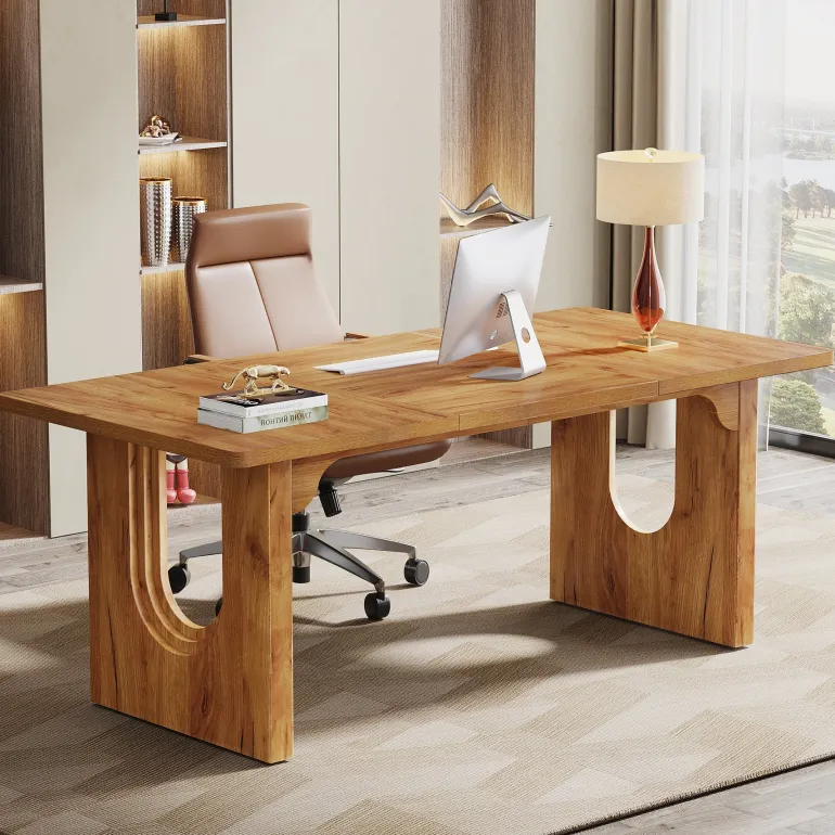 Discount Tribesigns 71" Executive Desk, Modern Computer Desk with Wood Double Pedestal Base
