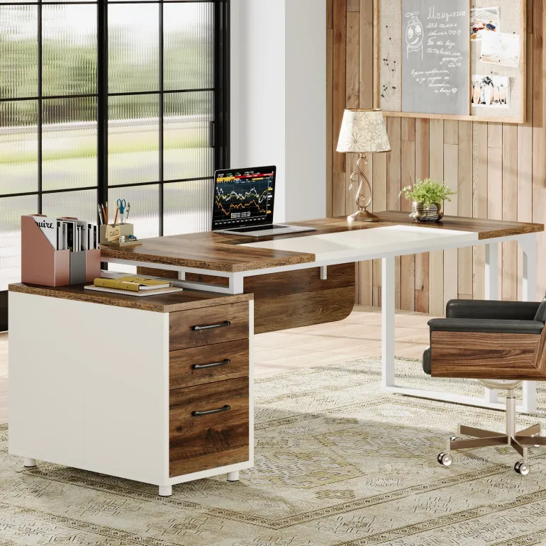 Clearance Tribesigns 74" Executive Desk, Modern Computer Desk With 3 Drawers File Cabinet
