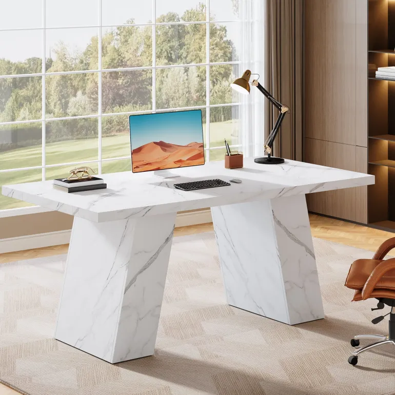 Flash Sale Tribesigns 63" Executive Desk, Modern Faux Marble Computer Desk
