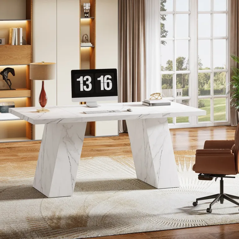 Flash Sale Tribesigns 63" Executive Desk, Modern Faux Marble Computer Desk