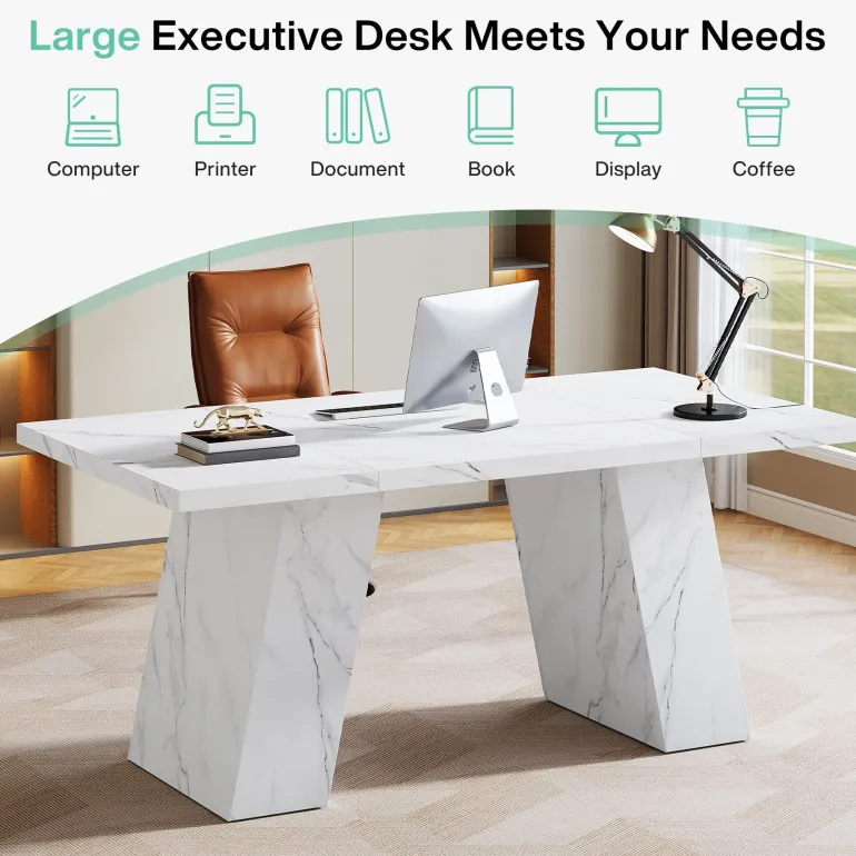 Flash Sale Tribesigns 63" Executive Desk, Modern Faux Marble Computer Desk