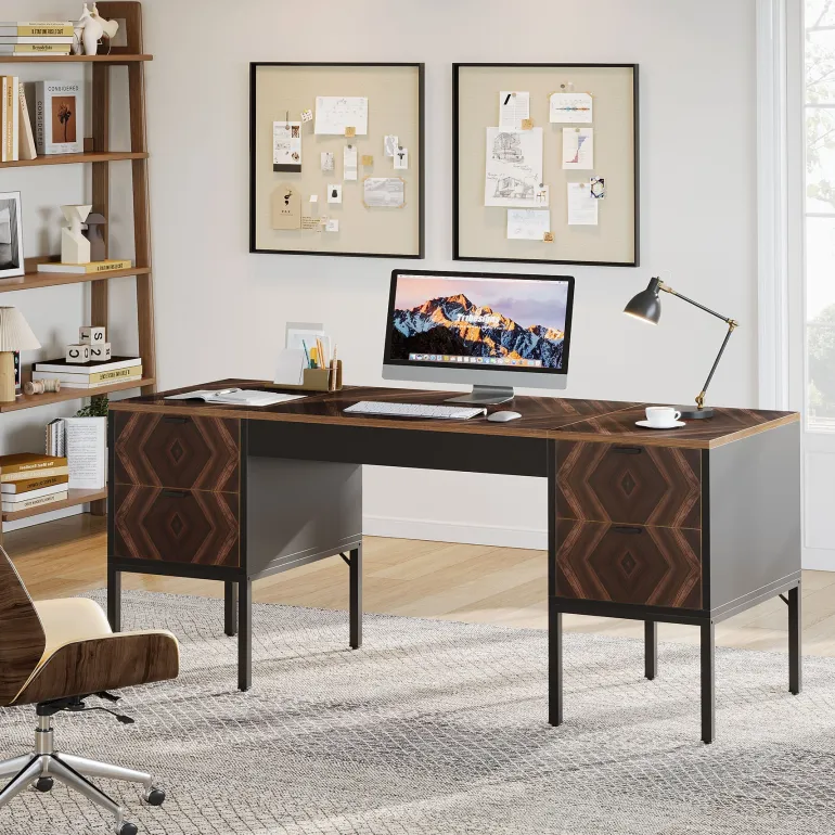 Clearance Tribesigns 63" Executive Desk, Rustic Computer Office Desk with 4 Drawers