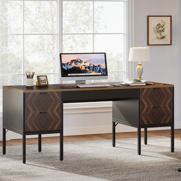 Clearance Tribesigns 63" Executive Desk, Rustic Computer Office Desk with 4 Drawers