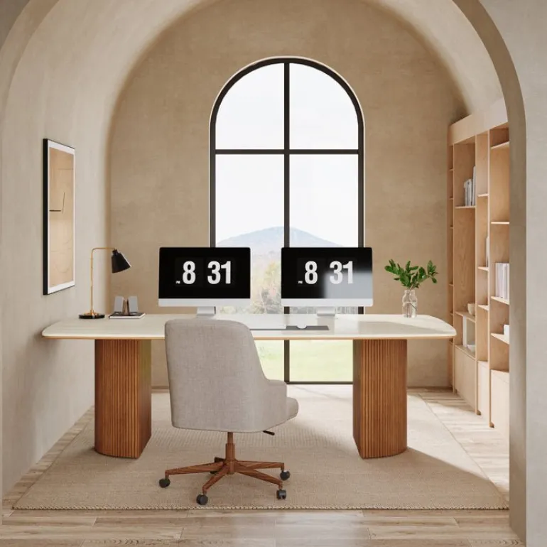 Discount Tribesigns 78.7" Executive Desk, Travertine Slab Computer Desk With Semi - Circular Base