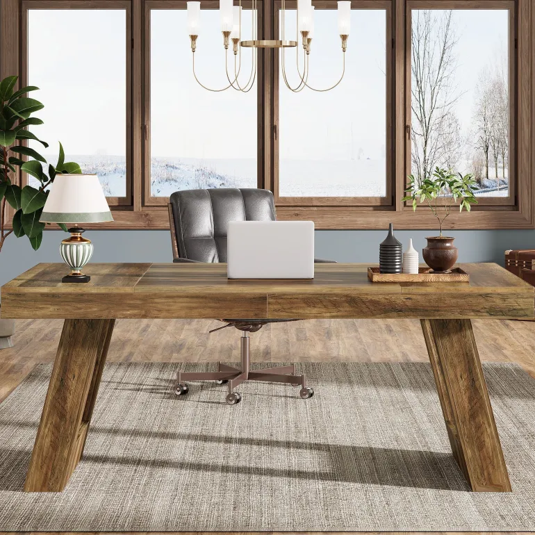 Clearance Tribesigns 63" Executive Desk, Wood Office Desk Computer Desk with Double Pedestal