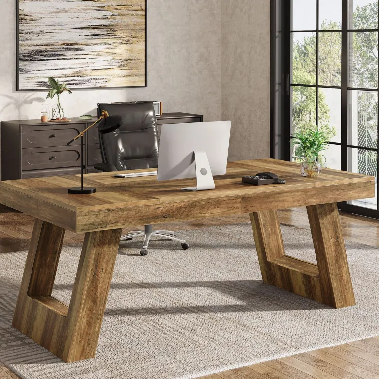 Clearance Tribesigns 63" Executive Desk, Wood Office Desk Computer Desk with Double Pedestal