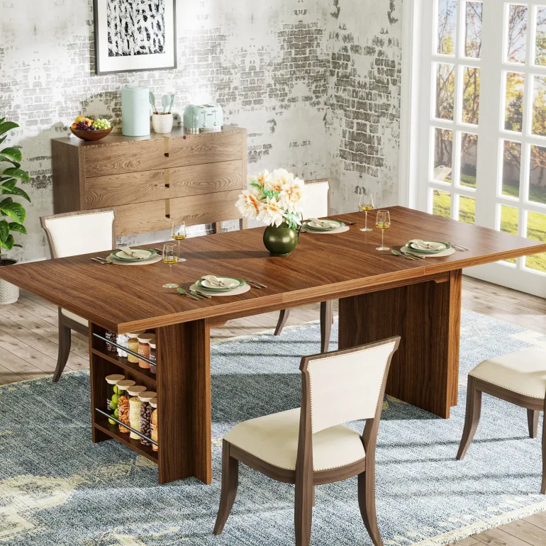 Flash Sale Tribesigns 63" Farmhouse Dining Table Wooden Kitchen Table with Shelves for 6 to 8