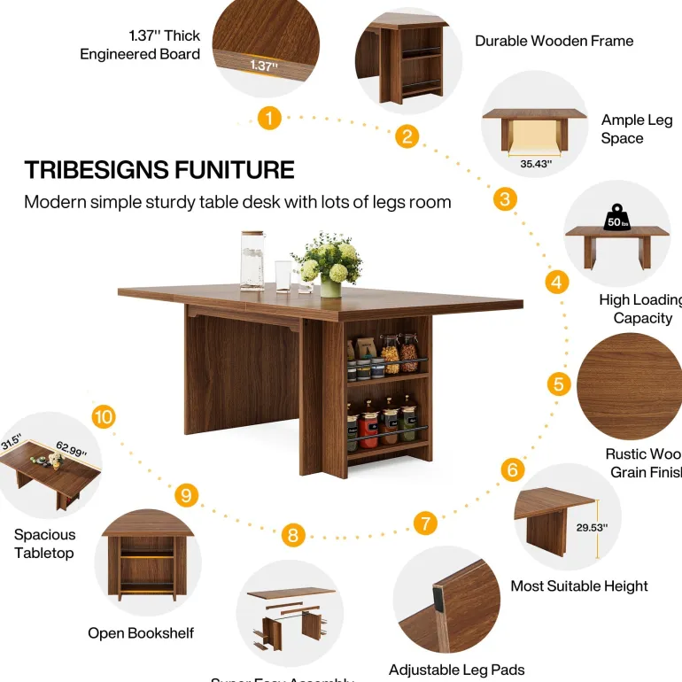 Flash Sale Tribesigns 63" Farmhouse Dining Table Wooden Kitchen Table with Shelves for 6 to 8