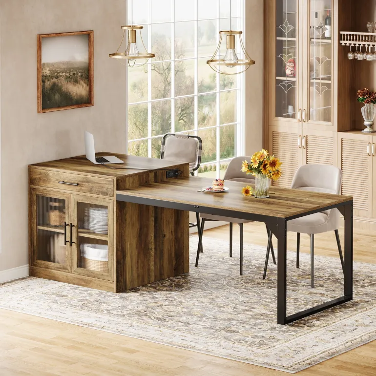 Discount Tribesigns 78.7" Kitchen Island, Attached Dining Table With Charging Station For 4 - 6