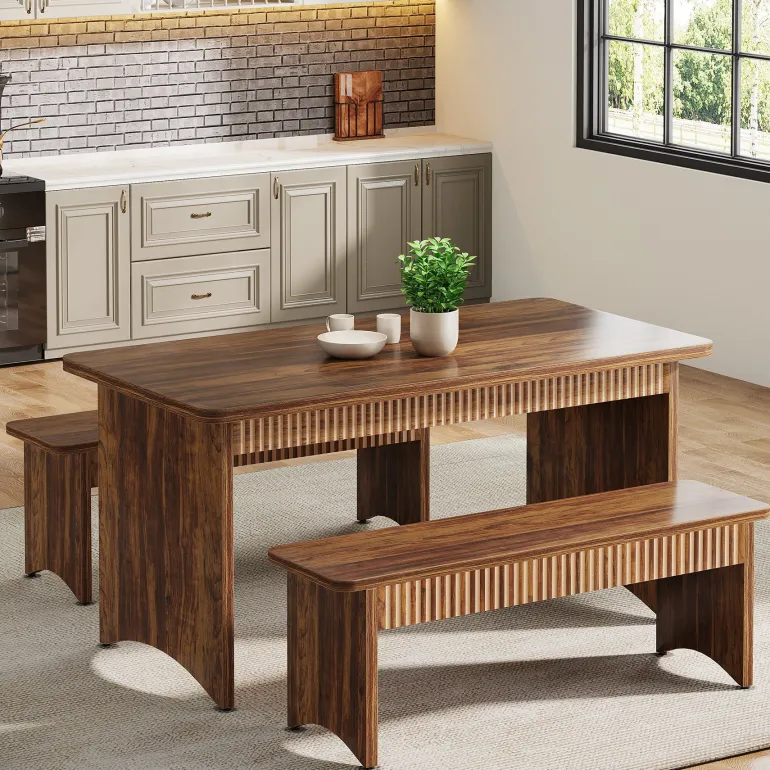 Cheap Tribesigns 55" Kitchen Table with 2 Benches, 3 - Piece Dining Table Set for 4 - 6 People