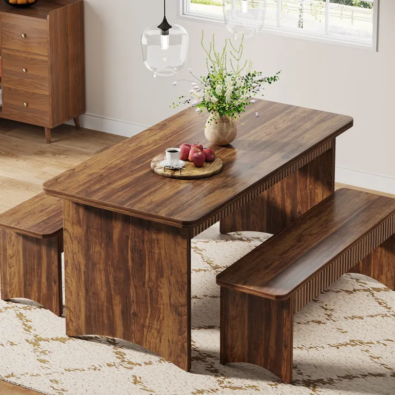 Cheap Tribesigns 55" Kitchen Table with 2 Benches, 3 - Piece Dining Table Set for 4 - 6 People