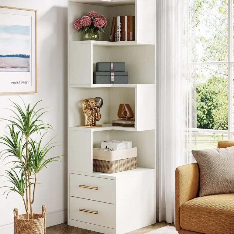 Cheap Tribesigns 66.9" L - Shaped Bookshelf, Corner Bookcase With 5 - Tier Shelf And 2 Drawers
