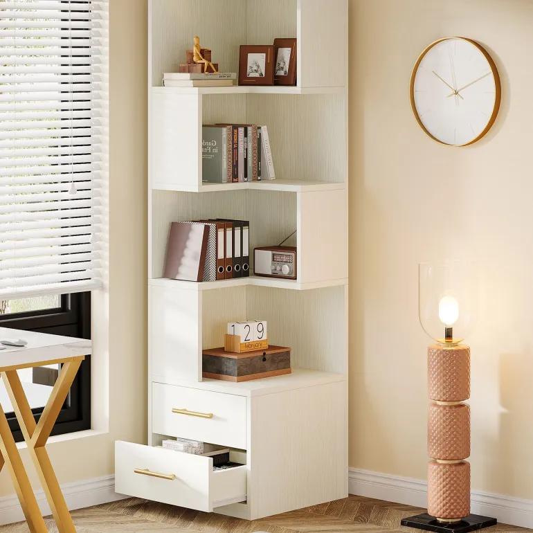 Cheap Tribesigns 66.9" L - Shaped Bookshelf, Corner Bookcase With 5 - Tier Shelf And 2 Drawers