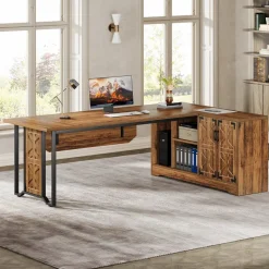 Flash Sale Tribesigns 78" L - Shaped Executive Desk, Farmhouse Reversible Computer Desk with Cabinet