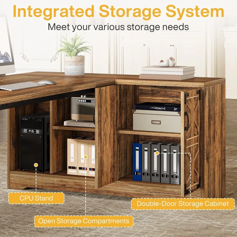 Flash Sale Tribesigns 78" L - Shaped Executive Desk, Farmhouse Reversible Computer Desk with Cabinet