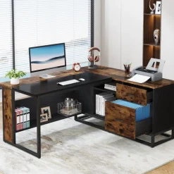 Fashion Tribesigns 63" L-Shaped Desk, Large Executive Business Desk with Drawers and Shelves