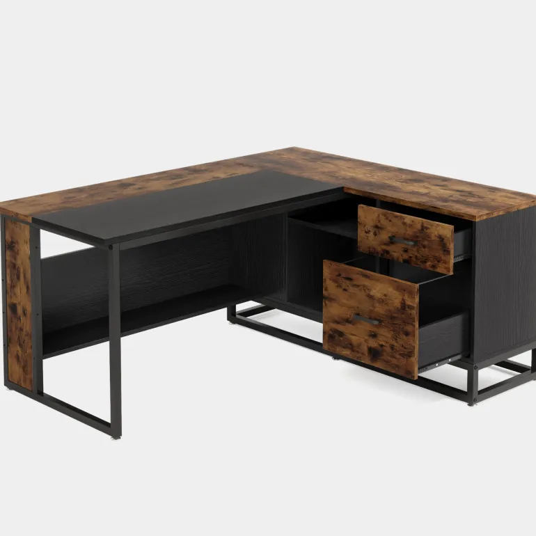Fashion Tribesigns 63" L-Shaped Desk, Large Executive Business Desk with Drawers and Shelves