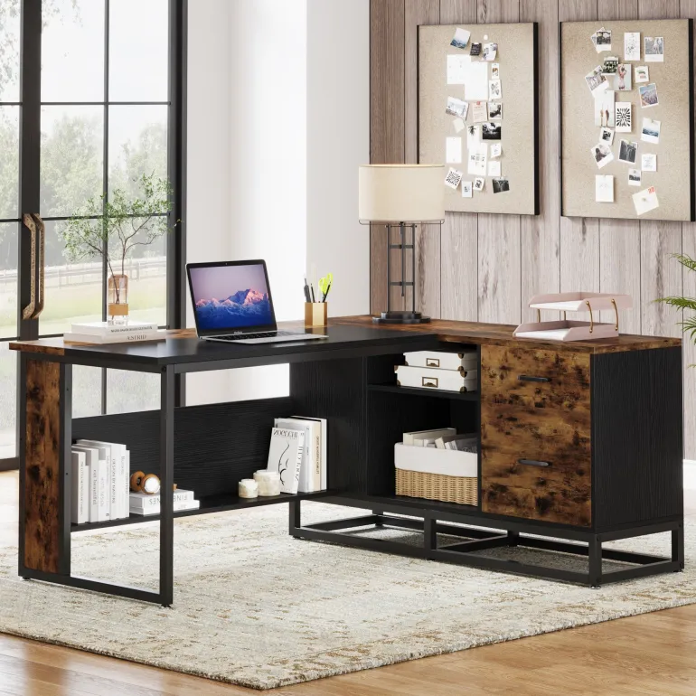 Fashion Tribesigns 63" L-Shaped Desk, Large Executive Business Desk with Drawers and Shelves