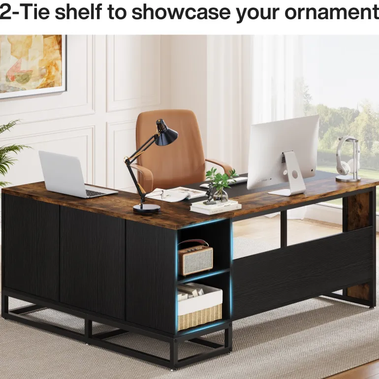 Fashion Tribesigns 63" L-Shaped Desk, Large Executive Business Desk with Drawers and Shelves