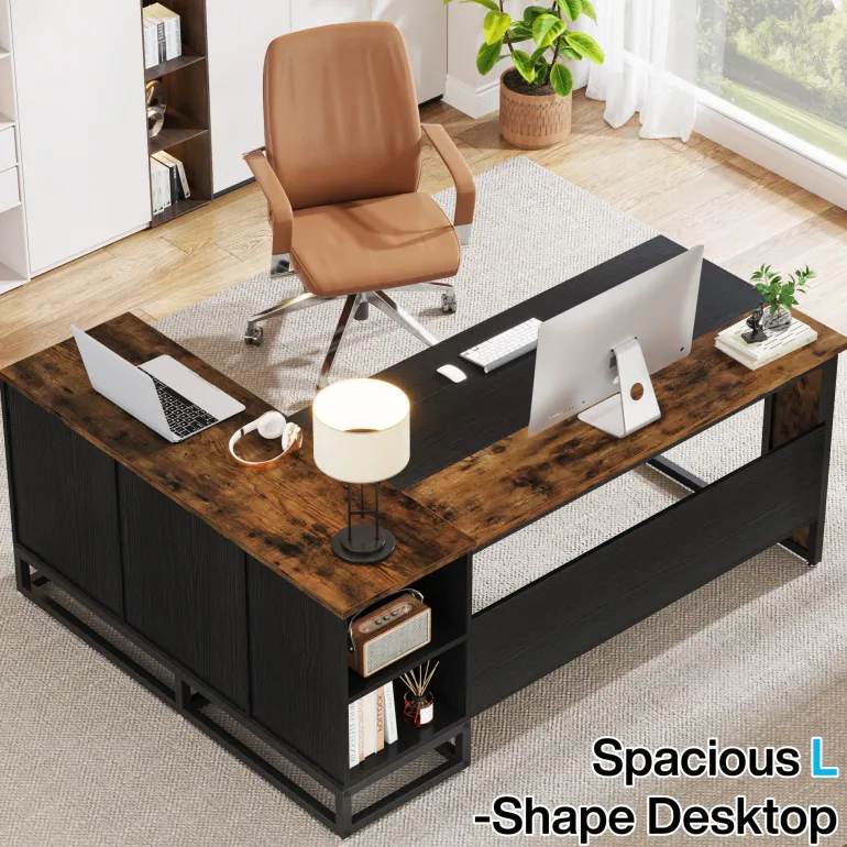 Fashion Tribesigns 63" L-Shaped Desk, Large Executive Business Desk with Drawers and Shelves