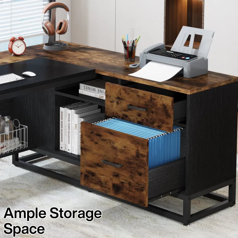 Fashion Tribesigns 63" L-Shaped Desk, Large Executive Business Desk with Drawers and Shelves