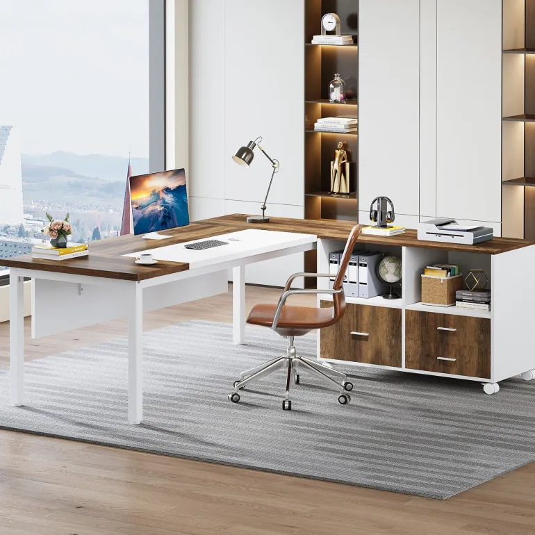 Cheap Tribesigns 63" L-Shaped Desk, Modern Executive Computer Desk with 37" Mobile File Cabinet