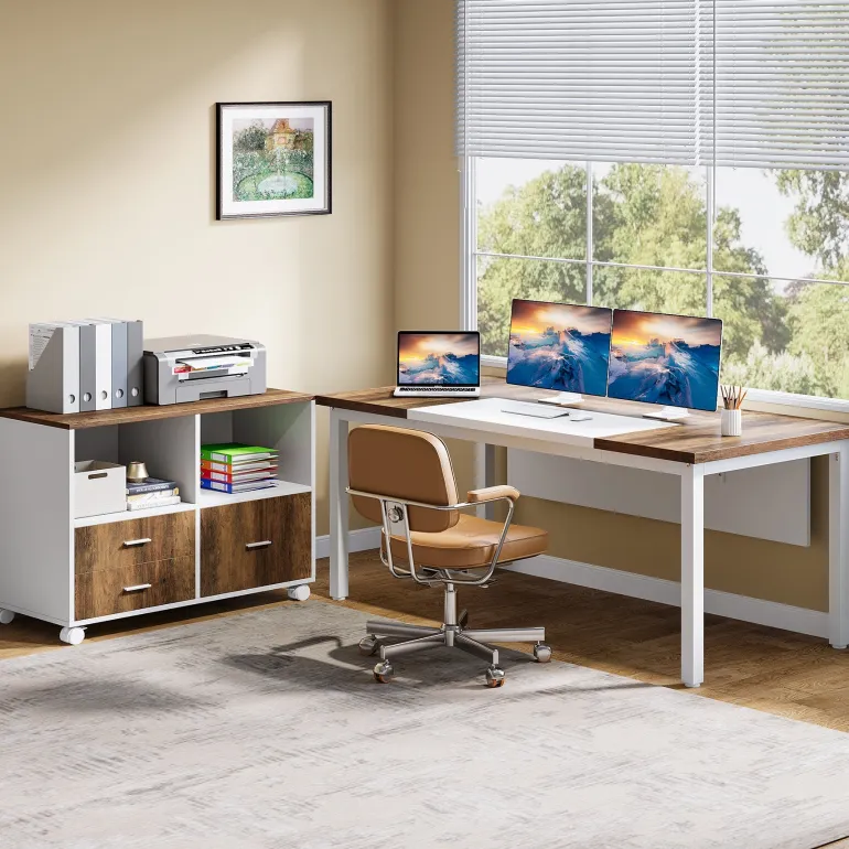 Cheap Tribesigns 63" L-Shaped Desk, Modern Executive Computer Desk with 37" Mobile File Cabinet