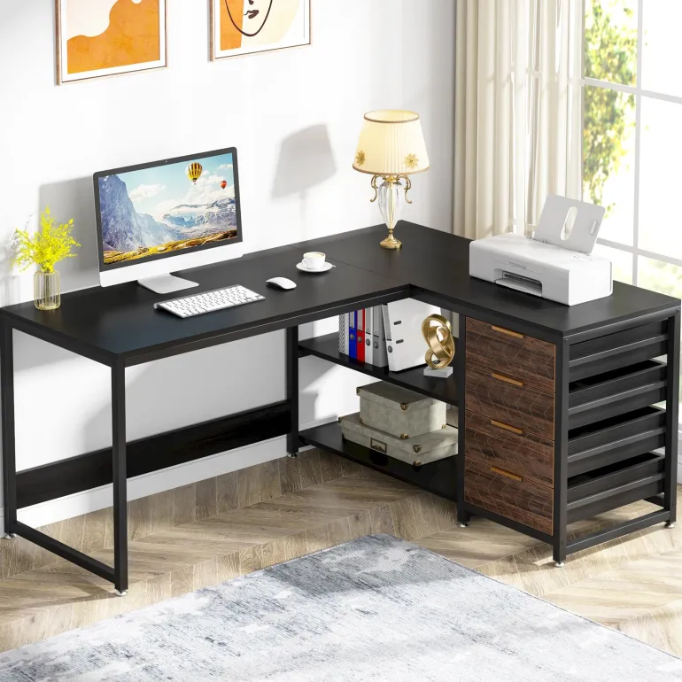 Best Sale Tribesigns 59" L-Shaped Desk, Reversible Corner Desk with Drawers & Shelves