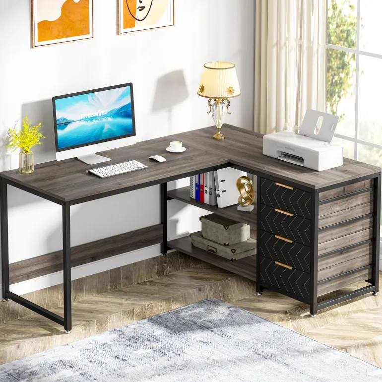 Best Sale Tribesigns 59" L-Shaped Desk, Reversible Corner Desk with Drawers & Shelves