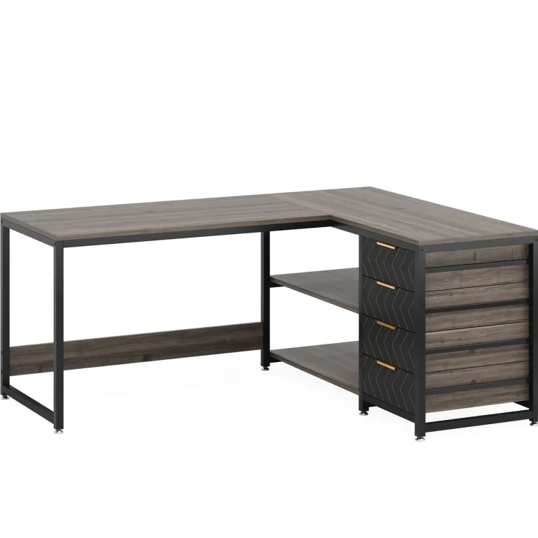 Best Sale Tribesigns 59" L-Shaped Desk, Reversible Corner Desk with Drawers & Shelves