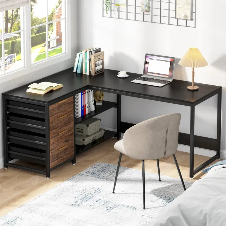 Best Sale Tribesigns 59" L-Shaped Desk, Reversible Corner Desk with Drawers & Shelves
