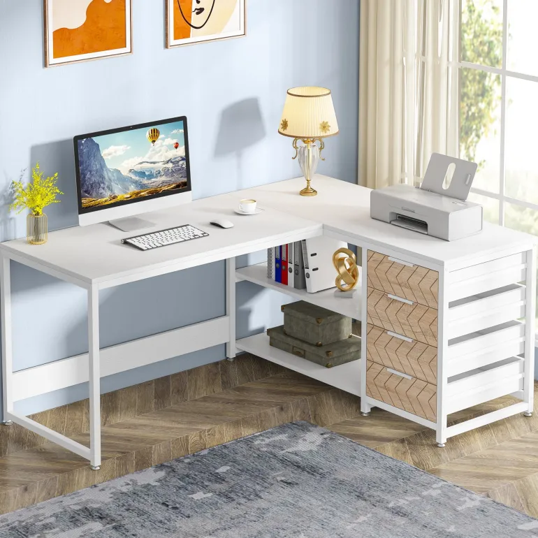 Best Sale Tribesigns 59" L-Shaped Desk, Reversible Corner Desk with Drawers & Shelves