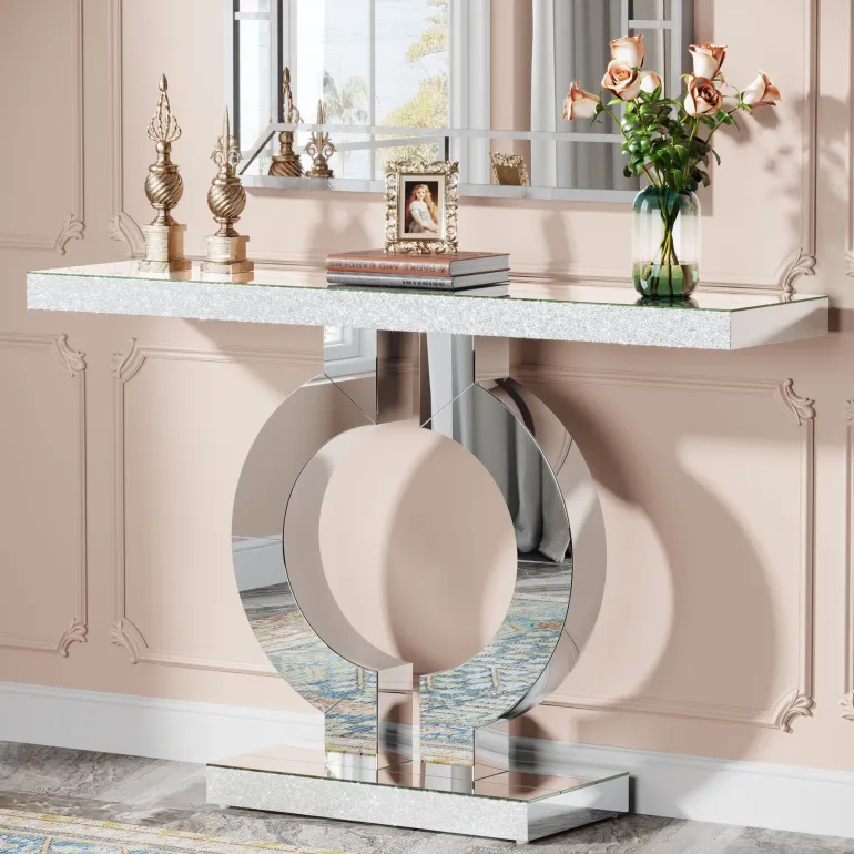 Store Tribesigns 43" Mirrored Console Table, Modern Silver Sofa Table with O - Shaped Base