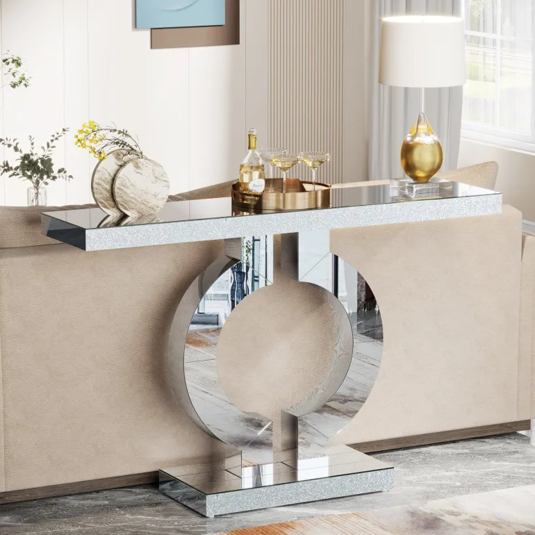 Store Tribesigns 43" Mirrored Console Table, Modern Silver Sofa Table with O - Shaped Base