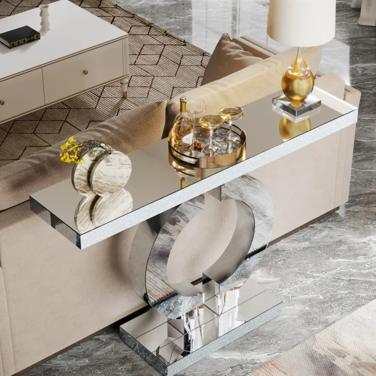 Store Tribesigns 43" Mirrored Console Table, Modern Silver Sofa Table with O - Shaped Base