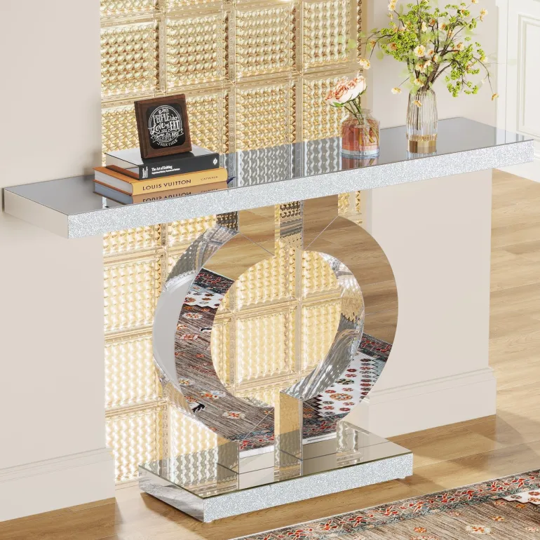 Store Tribesigns 43" Mirrored Console Table, Modern Silver Sofa Table with O - Shaped Base