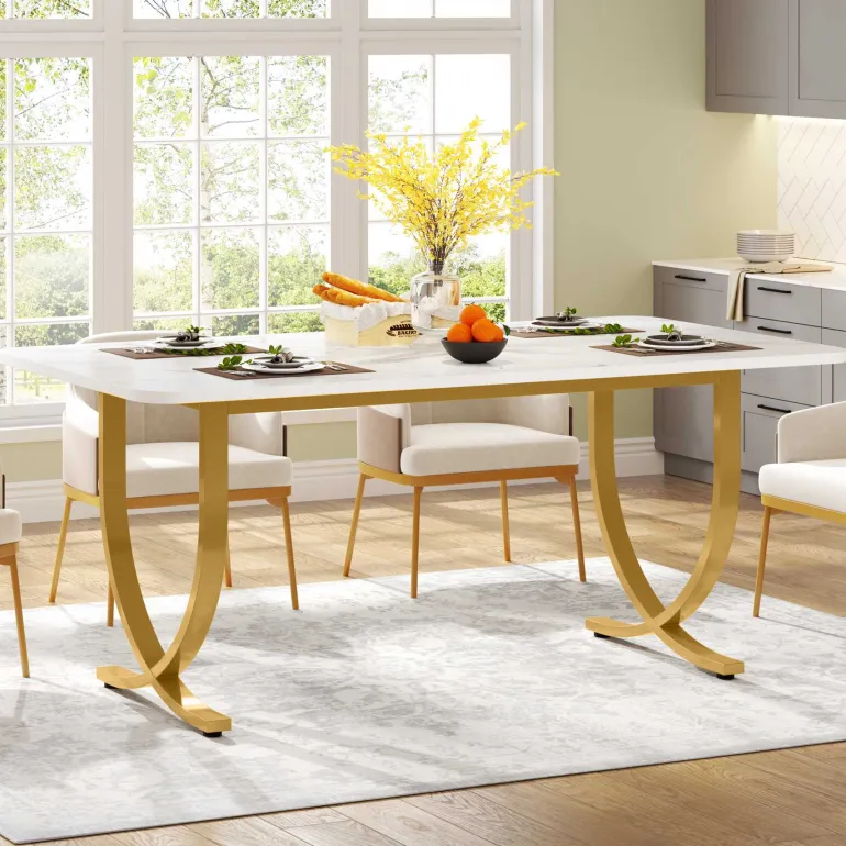 Discount Tribesigns 63" Modern Dining Table Kitchen Table with Faux Marble Table Top