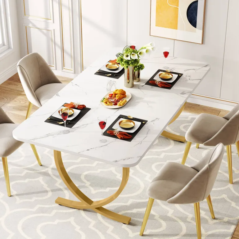 Discount Tribesigns 63" Modern Dining Table Kitchen Table with Faux Marble Table Top