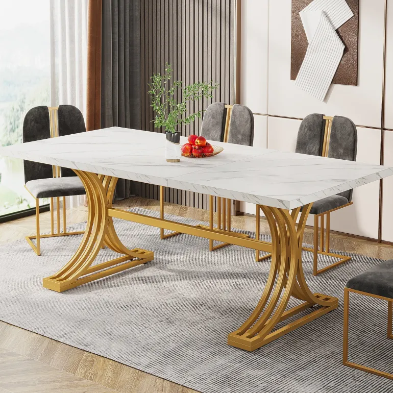 Best Sale Tribesigns 63'' Modern Dining Table with Faux Marble Tabletop & Metal Legs