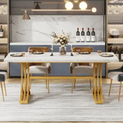 Best Sale Tribesigns 63'' Modern Dining Table with Faux Marble Tabletop & Metal Legs
