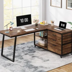 Best Sale Tribesigns 53" Reversible L-Shaped Computer Desk With 3 Drawers & Shelves