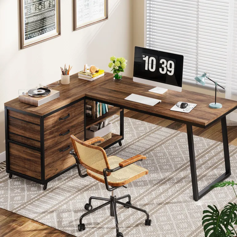 Best Sale Tribesigns 53" Reversible L-Shaped Computer Desk With 3 Drawers & Shelves