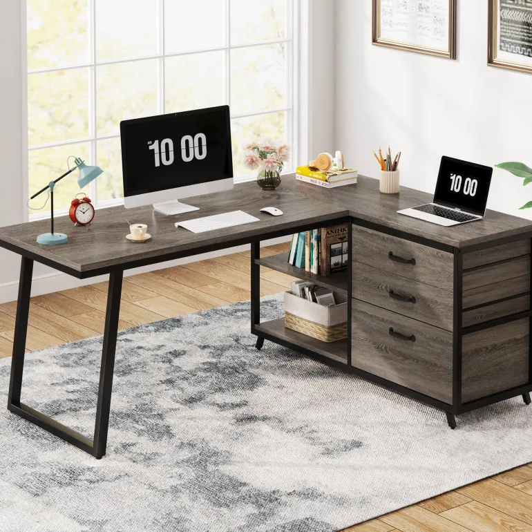 Best Sale Tribesigns 53" Reversible L-Shaped Computer Desk With 3 Drawers & Shelves