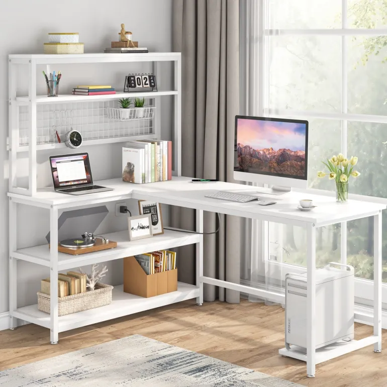 Cheap Tribesigns 55" Reversible L-Shaped Desk with Wireless Charging & Shelves