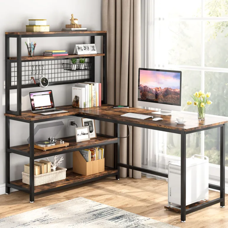 Cheap Tribesigns 55" Reversible L-Shaped Desk with Wireless Charging & Shelves